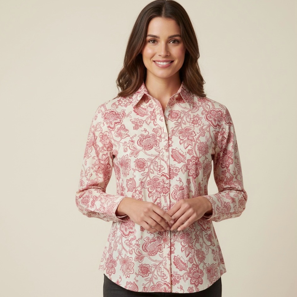 Lands End Women's Shirt Button Up Beige Pink Floral Supima Cotton Top